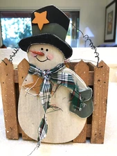 Christmas Wood SNOWMAN BOX W/WIRE HANDLE Gold Star Design, See Description