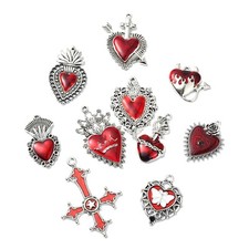 28Pcs Red Heart Charms Silver Enamel Pendant for Jewelry Earring Necklace Making