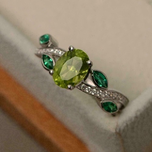 2 Ct Oval Cut Lab -Created Peridot Engagement Women's Ring 14K White Gold Plated - Picture 4 of 5