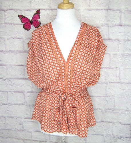 Max Studio Red Orange Geo Cap Sleeve Smocked Belted Waist Blouse Size XL New!