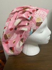 CUPCAKES ON PINK BOUFFANT SURGICAL NURSES SCRUB HAT BOUFFANT,CHEMO, TECH