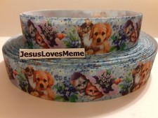 Grosgrain Ribbon Kitty Cats Puppy Dogs Hats Flowers Picture Perfect 7/8" Wide