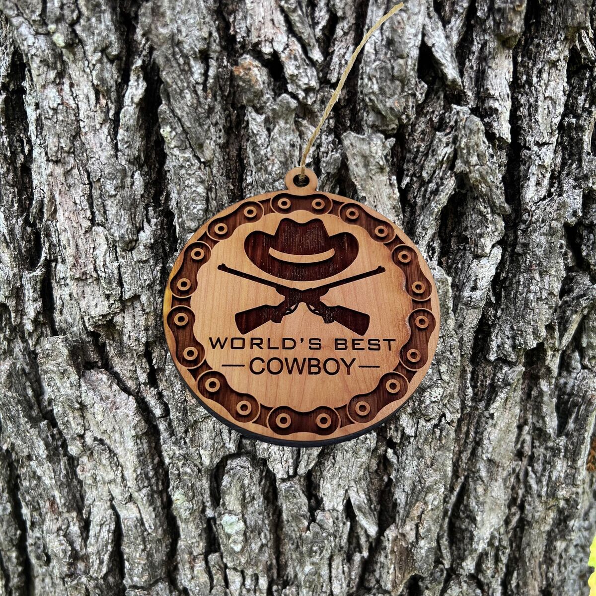 Worlds Best Cowboy Rifles and chains - Cedar Ornament Worlds Best Cowboy Rifles and chains - Cedar Ornament