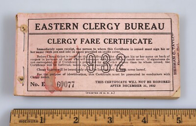 Vintage 1932 Eastern Clergy Bureau Fare Certificate Booklet Pass