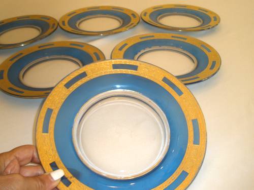 GORGEOUS SET OF 7 MINTON DESSERT, SALAD GLASS PLATES 24K COBALT ENCRUSTED 8.5" - Picture 9 of 12
