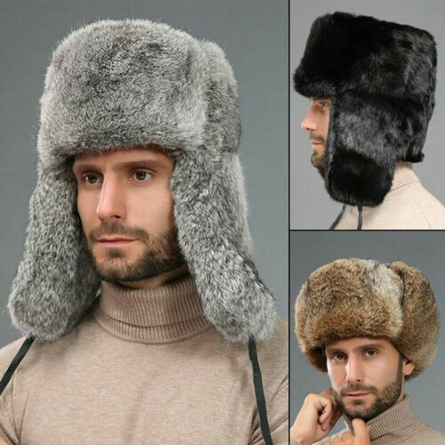 Genuine Mens Real Winter Trapper Hat Cap Russia Ushanka Earflap Ski Rabbit Fur - Picture 3 of 10
