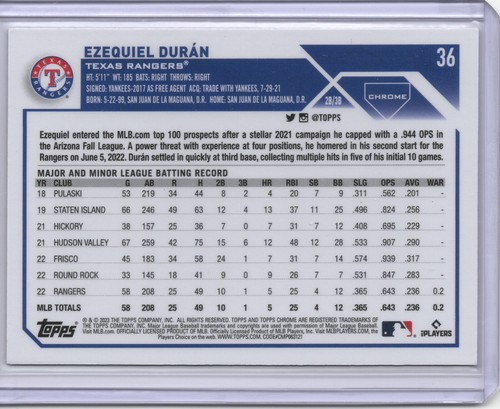 2023 Topps cromo #36 Ezequiel Duran Xfractor RC Rangers - Imagen 2 de 3