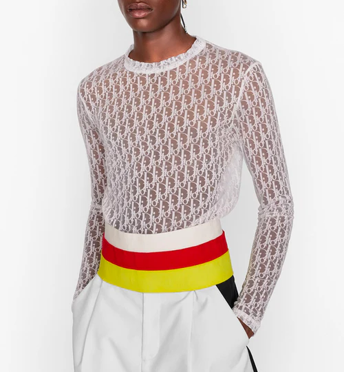 Dior White Oblique Logo Sheer Transparent Mesh See Through Long