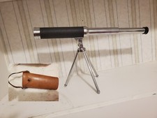 Antique Vintage Chrome Monocular Telescope Tripod Leather Case MINT