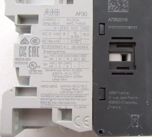(NEW) ABB 3-Pole Contactor AF30-30-00-13 33A 18.5KW 600V 100-250 V AC/DC Coil - Picture 4 of 6