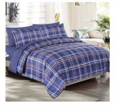 Plaid Comforter Set Pillow Sham Sheets Microfiber Full Queen Bedding Blue 7 Pc