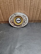 Vintage UAW Belt Buckle / Enamel Center Button /0924-tb5