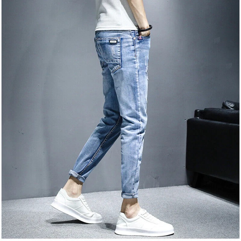 Men Denim Stretch Elastic Trousers Joggers Ripped Pants Casual