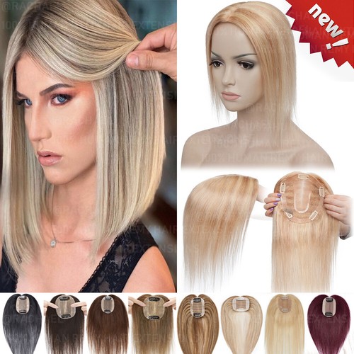 Women Topper Hairpiece Clip In Human Remy Hair Silk Base Top Toupee Blonde 12" - 第 1/93 張圖片