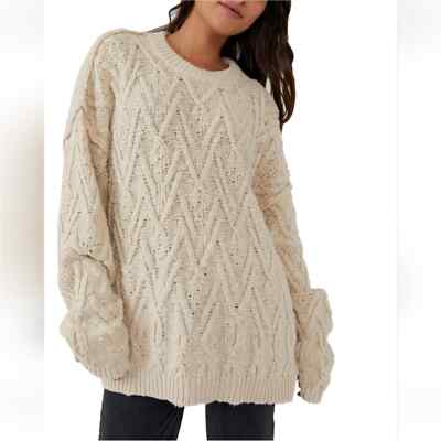 Free People Isla Women's Cream Pullover Cable Stitch Tunic Sweater L Size NWT