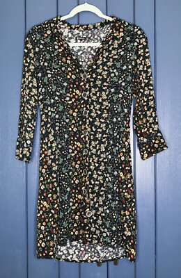Black Floral Button Up Dress Fits XS Small Cottage Core Goth Dark Romance