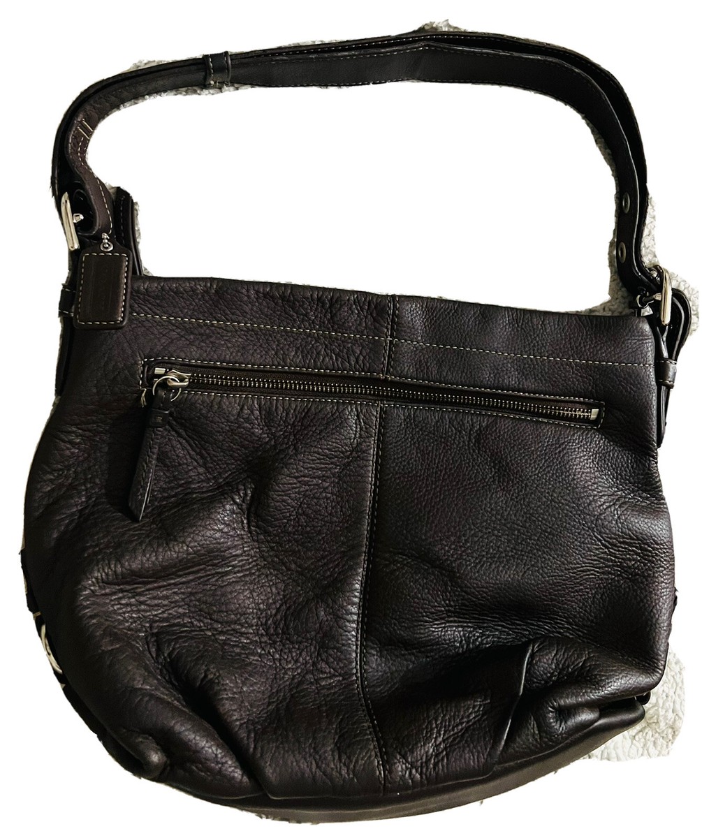 COACH CROSSBODY HOBO SHOULDER BAG PURSE SILVER ZIP BROWN PEBBLE