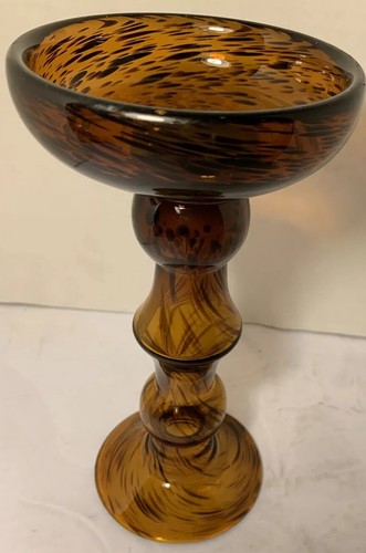 Art Glass lLeopard Amber 2 Way Pedestal Candle Holder 8.5” - Picture 1 of 12
