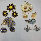 4 Vintage Brooch Clip On Earring Sets Floral Rhinestone Costume Jewelry Lot