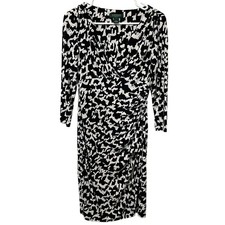 Lauren Ralph Lauren Knit Dress Sz 4 Black/White Stretch Faux Wrap Ruched Side