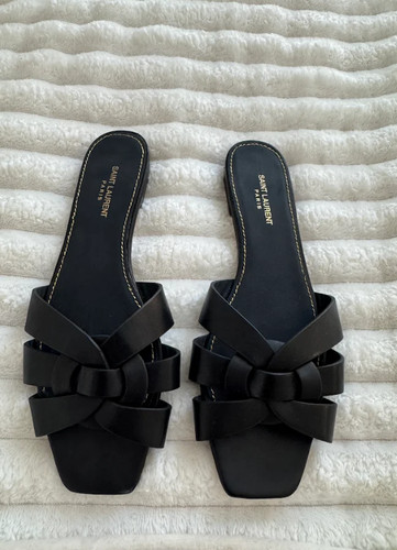 Saint Laurent Tribute Flat Slides Black Leather Woven Sandals Italy Luxury Sz 39