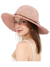 Women Sun Hats Floppy Foldable Wide Brim UV UPF 50 Straw Hat with Bow Pink