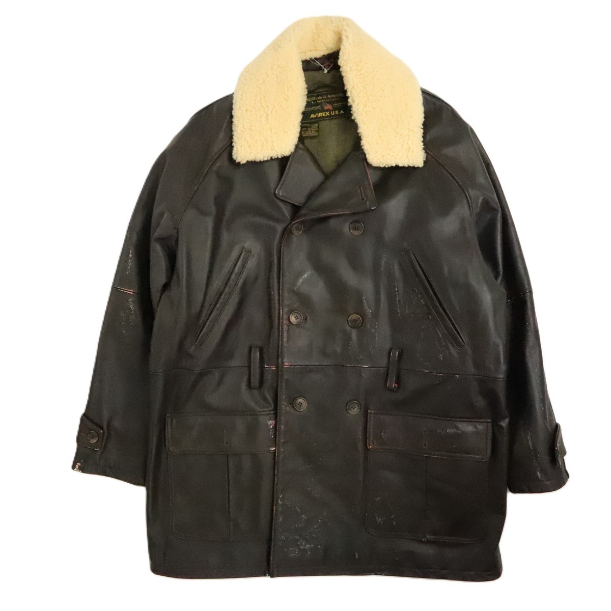 Vintage Avirex Leather Parka Coat Jacket Large Sherpa Collar