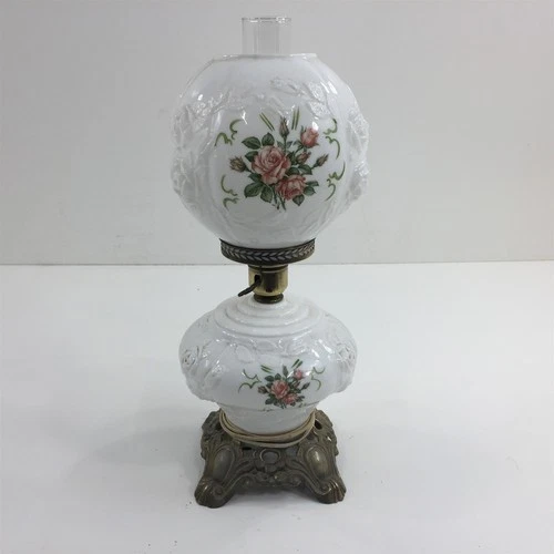 Vintage Hurricane Lamp White and Brass With Roses