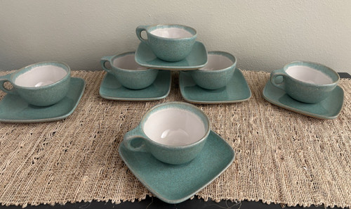 GLIDDEN MCM Vintage Pottery Set of 6 Cups & Saucers #141 #142 Turquoise EUC