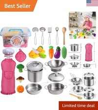 Kitchen Pretend Play Toys with Stainless Steel Cookware Pots and Pans Set, Co...