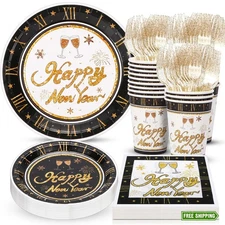Atonofun Happy New Year Party Supplies, Party Plates, Cups, Napkins and Cutlery,