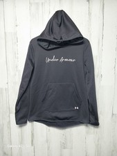 Under Armour Hoodie Womens Small Gray Loose Fit Script Spellout Logo Pullover