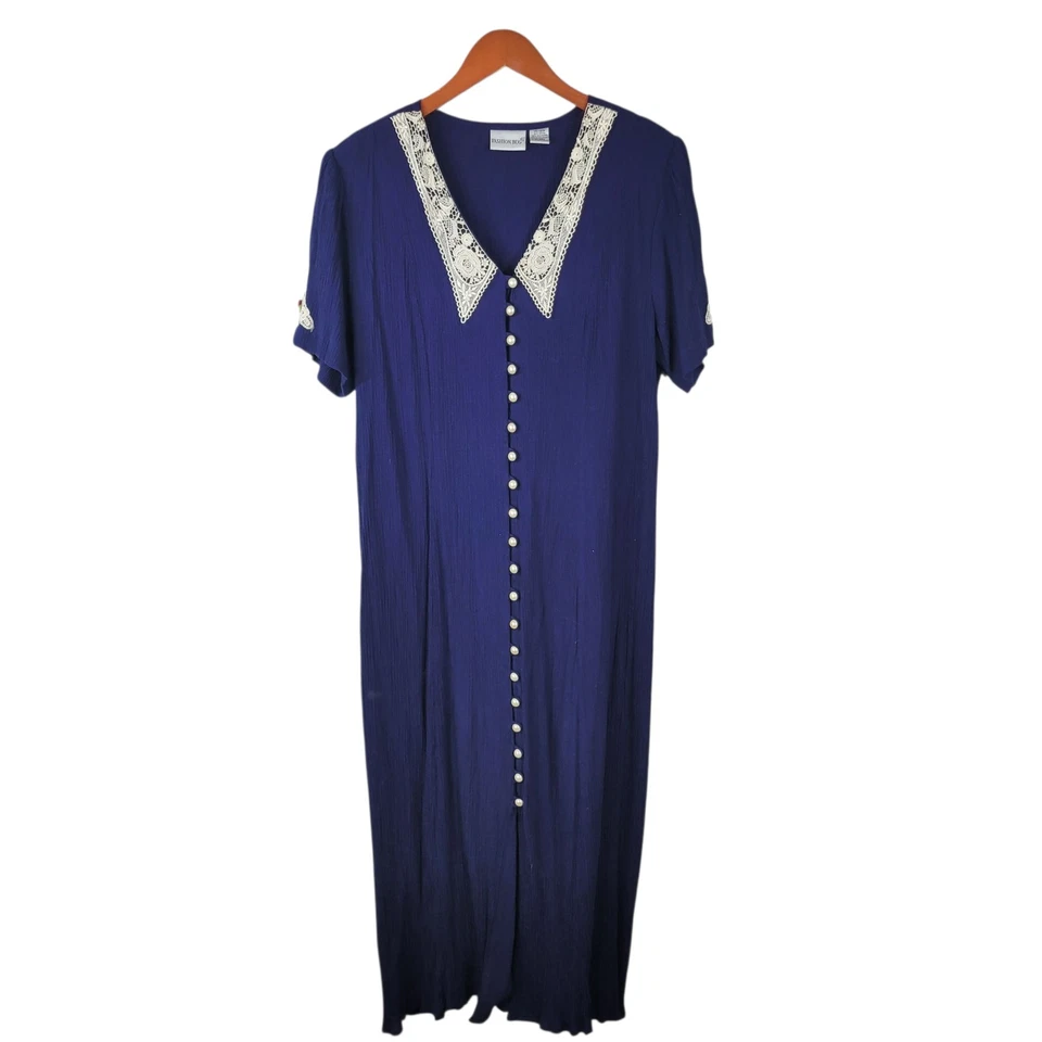 Vestido camisero vintage años 80 14/16 XL midi grunge con cordones cuello trasero azul marino antiguo Foto 2 de 4