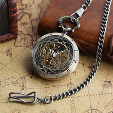 Skeleton Mechanical Pocket Watch Hand Wind Roman Numeral Chain Watch
