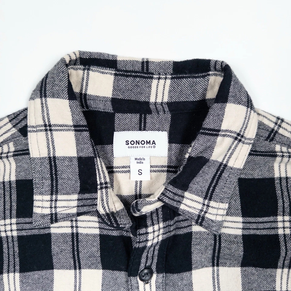 Sonoma Goods for Life Black Cream Plaid Flannel Shirt Men’s Small 100% Cotton - Image 2 of 4