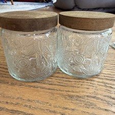 2 Glass Jar with Wooden Lid, Airtight Floral Design