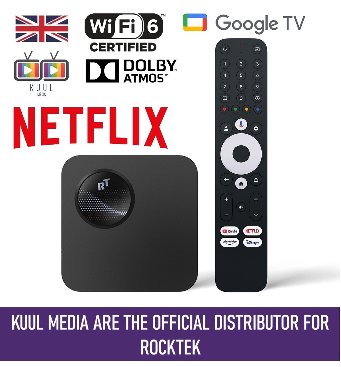 RockTek GX1 - Android TV Box | 4GB DDR4 RAM | 32GB opslag, HDMI 2.1, 4K, Wi-Fi 6, Bluetooth 5.2 | Streamer voor TV | Gecertificeerde Google TV | UK-garantie