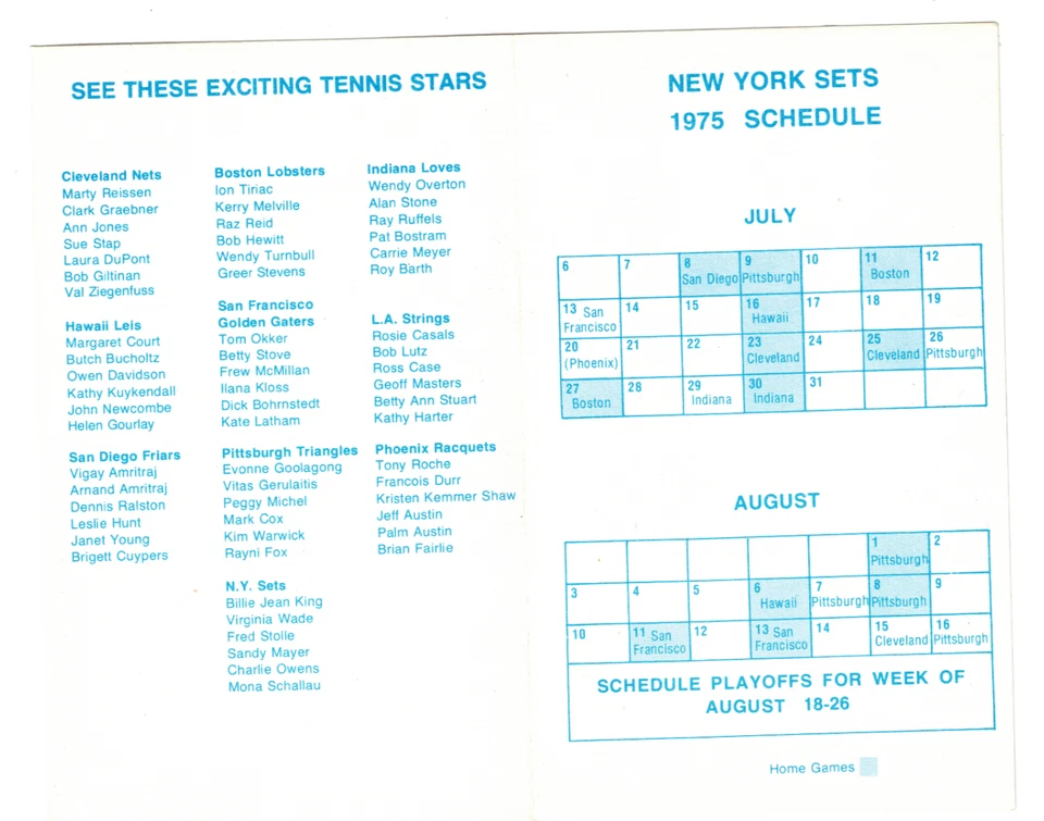Conjuntos de Nueva York 1975 calendario de bolsillo WTT equipo mundial de tenis Billie Jean King Foto 3 de 3