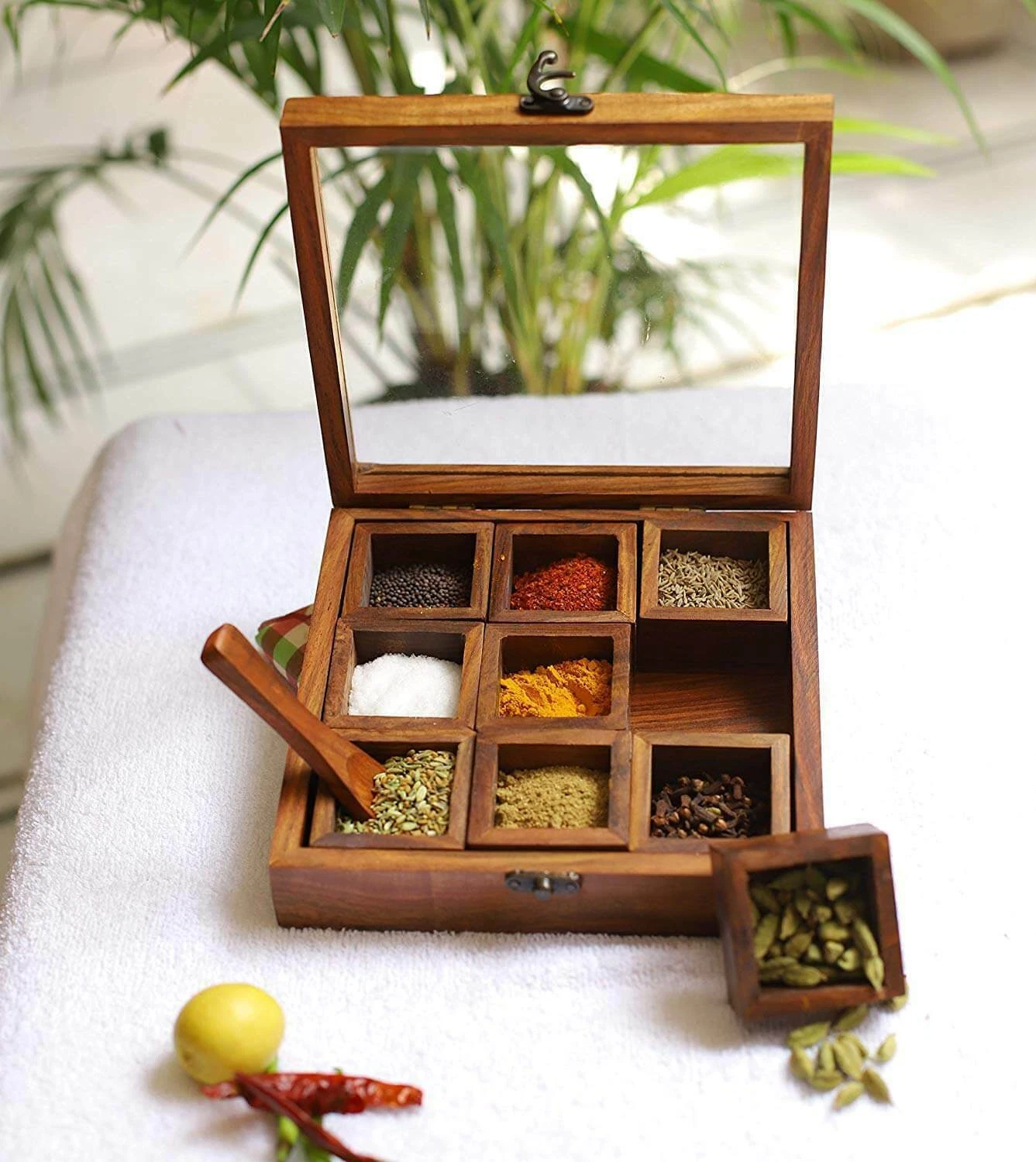Wooden Spice Box//Storage Box with Spoon Masala Box/Tea Box (FIBRE GLASS LID)