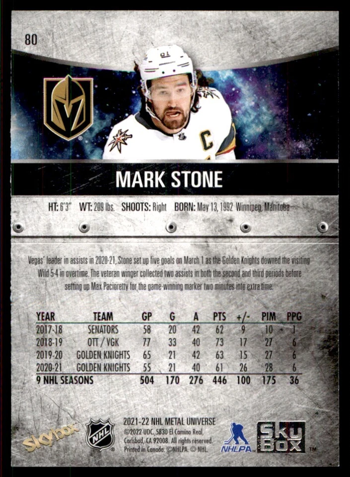 2021-22 Skybox Metal Universe Mark Stone Vegas Golden Knights #80 - Image 2 of 2