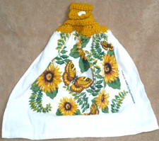 1 Crochet Top Hanging Kitchen Towel Butterflies Sunflowers, Single gold yarn