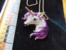 Older Unicorn necklace- purple w/ rhinestones- 27" gold tone chain