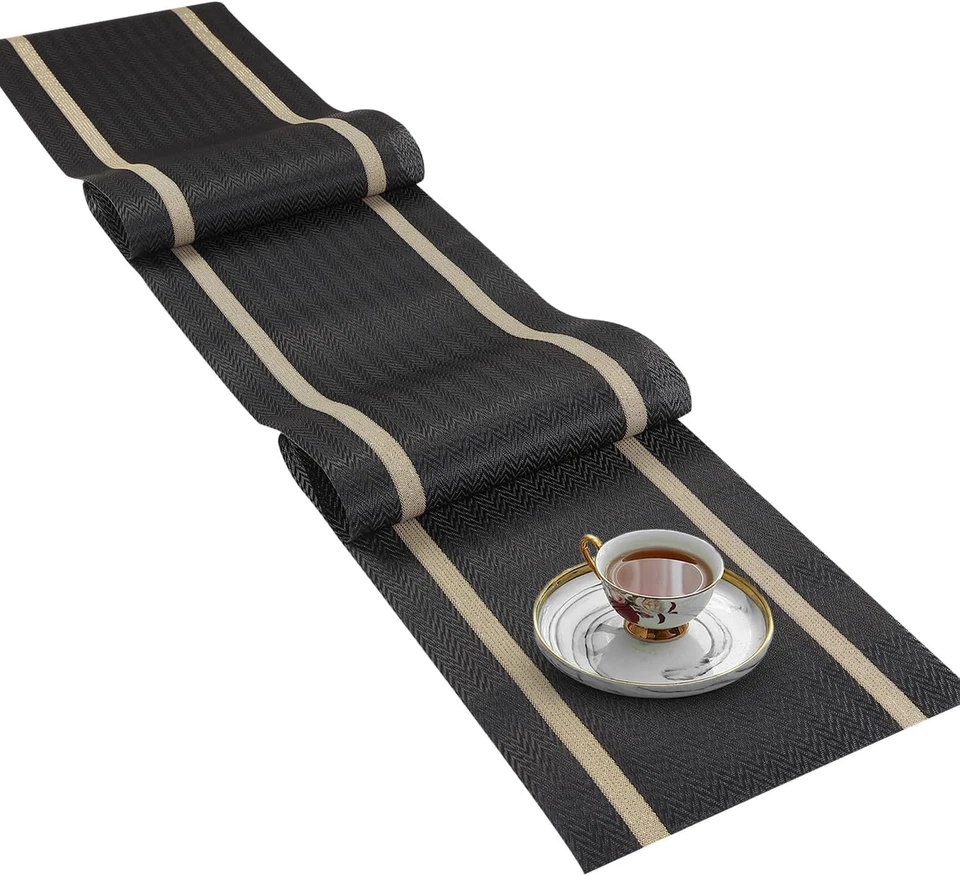 Woven Vinyl Table Runner Black Table Runner Woven with Golden Threads 90Inches - Image 3 of 4