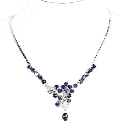 Silber Halskette Amethyst lila natürliche Edelsteine massiv Sterling 18 Zoll