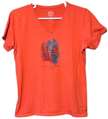 Life is Good Orange SS Crusher T-Shirt ''Not All Who Wander Are Lost'' Women's XL