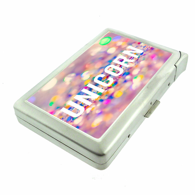 Glitter Unicorn Metal Cigarette Case with Built-in Lighter Wallet