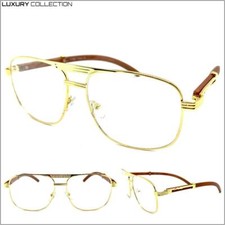 New Men's CLASSIC RETRO HIP HOP Style Clear Lens EYE GLASSES Gold  Wooden Frame