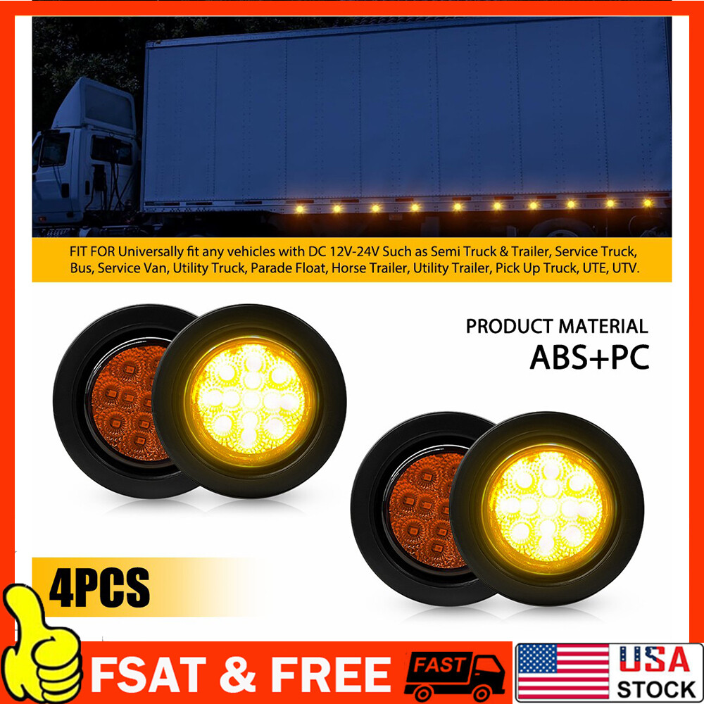 4pc 2.5-Inch DOT Round Amber LED Trailer Marker Lights with Grommet for Trucks