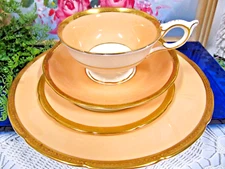 Coalport tea cup and saucer trio + extra plate peach thick gold teacup 1930s
