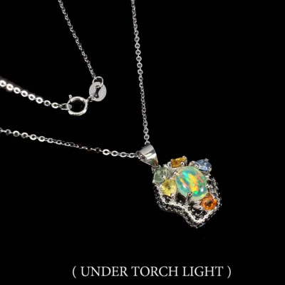 Sommer 925 Silber Halskette Oval Feuer Opal 8x6mm Schwarz Spinell Saphir - Bild 1 von 4